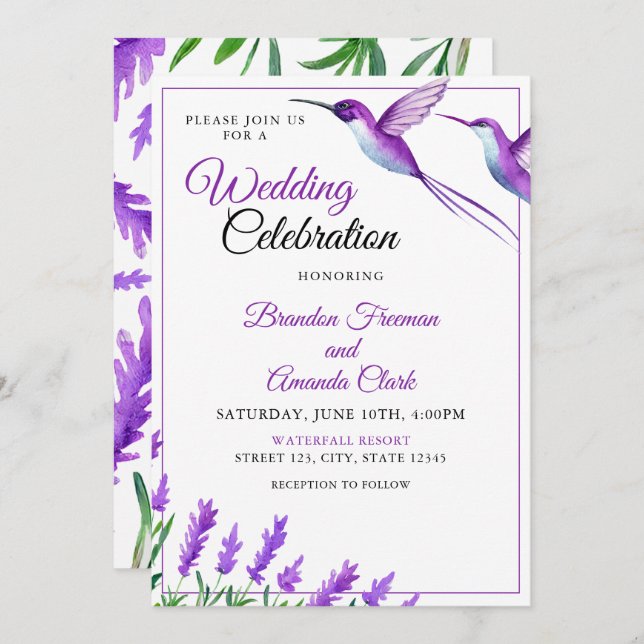 Invitación Acuarela Moda púrpura Boda de colibrí floral (Anverso / Reverso)