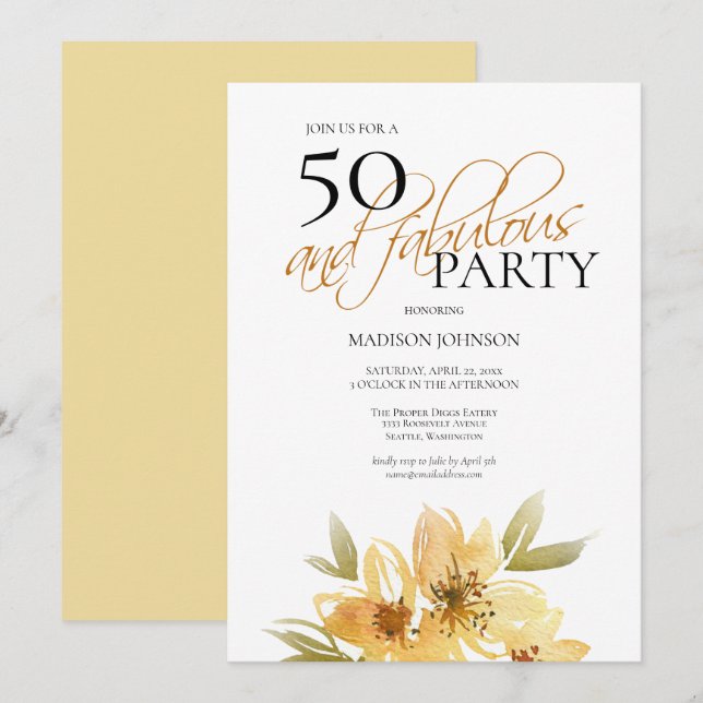 Invitación Acuarela moderna Amarillo 50 y fabuloso cumpleaños (Anverso / Reverso)