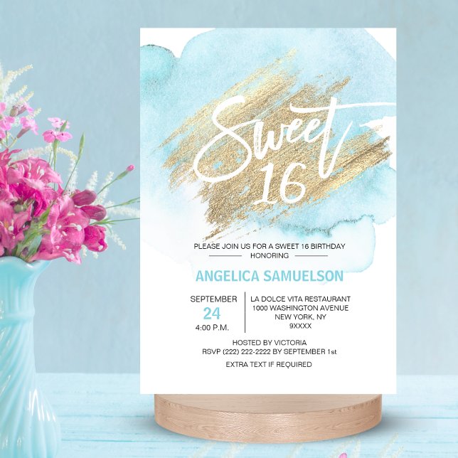 Invitación Acuarela Moderna Azul Dulces 16 Dieciséis 3.5x5" (Modern Watercolor Blue Sweet 16 Sixteen 3.5x5" Invitation)