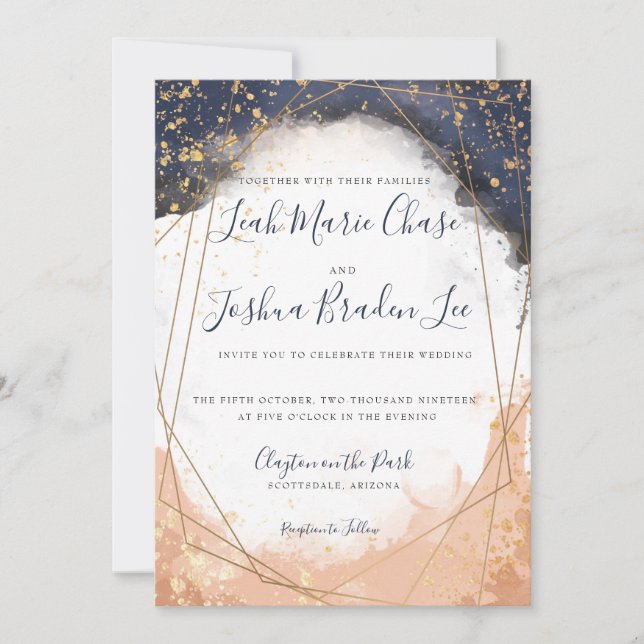 Invitación Acuarela moderna azul índigo y Rosa Faux Gold (Anverso)
