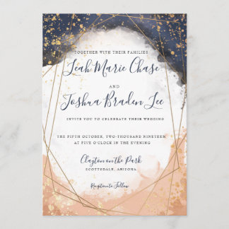 Invitación Acuarela moderna azul índigo y Rosa Faux Gold