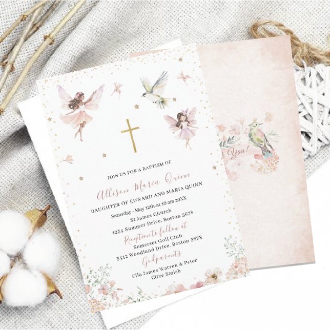 Invitación Acuarela Moderna Baptismo Hada Floral Mágica Pr (Subido por el creador)