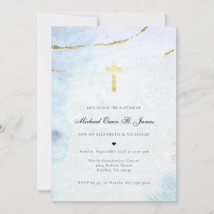 Invitación Acuarela moderna   Bautismo azul y oro
