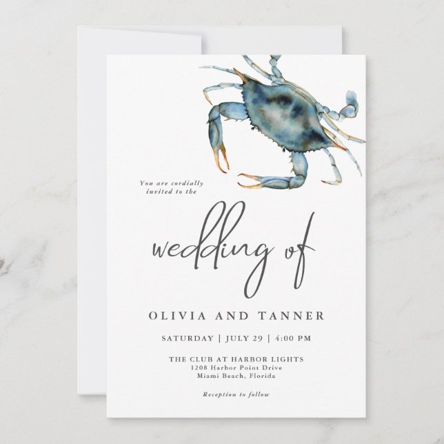 Invitación Acuarela moderna Blue Crab Beach Wedding (Anverso)