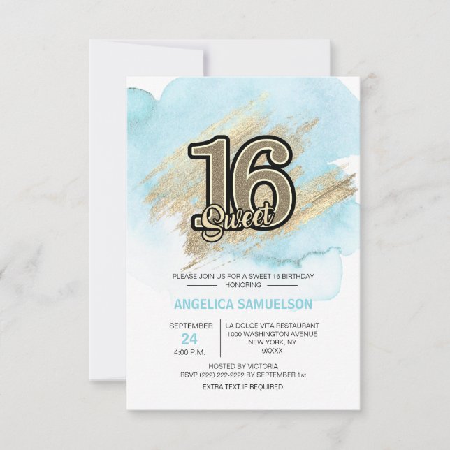 Invitación Acuarela moderna Blue Gold Sweet 16 (Anverso)