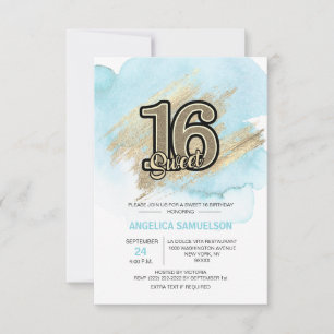 Invitación Acuarela moderna Blue Gold Sweet 16