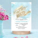 Invitación Acuarela moderna Blue Sweet 16 Dieciséis 3,5x5"<br><div class="desc">*** LAS TARJETAS son de 3.5" x 5" pulse "TAMAÑO" para mayores tamaños *** Envíe estas dulces y elegantes y modernas 16 invitaciones a sus invitados. acuarela azul pastel sobre fondo blanco. ¡Falsa pincel de oro con 16 en purpurina falso! Tarjetas modificables - personalizarlas agregando el texto. Perfecto para el...</div>