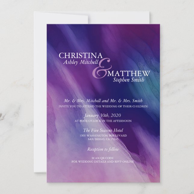 Invitación Acuarela moderna Boda azul de la Marina púrpura có (Anverso)