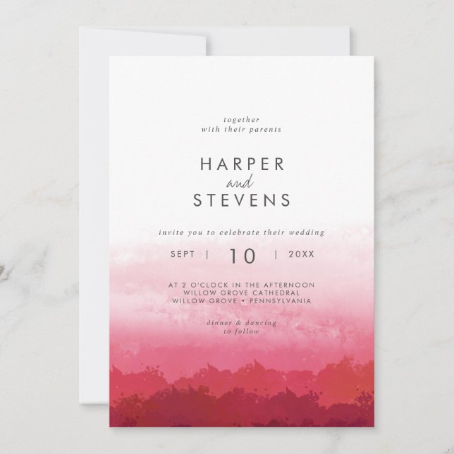 Invitación Acuarela moderna | Boda frontal y posterior rosado (Anverso)