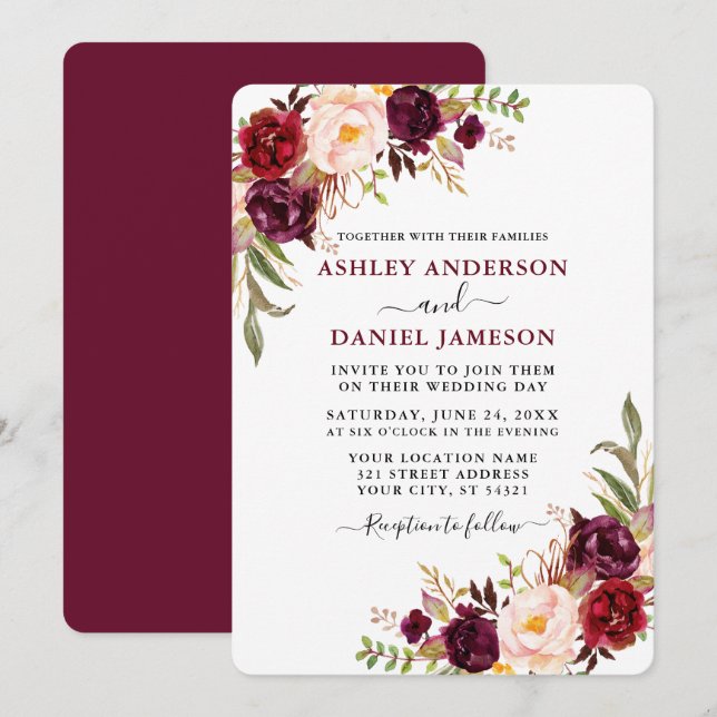 Invitación Acuarela moderna Borgoña Boda de vegetación floral (Anverso / Reverso)