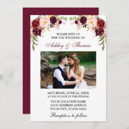 Invitación Acuarela moderna Burgundy Floral Photo Boda