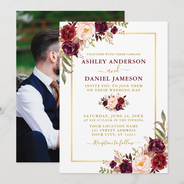 Invitación Acuarela moderna Burgundy Floral Photo Boda (Anverso / Reverso)