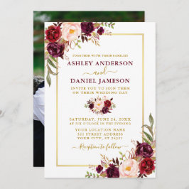 Invitación Acuarela moderna Burgundy Floral Photo Boda