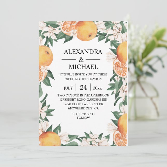 Invitación Acuarela moderna Citrus Boho Boda Botánico (Anverso de pie)