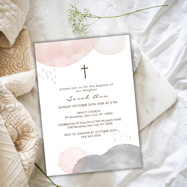 Invitación Acuarela moderna de Boho Abstract Cross Baptism (Modern Boho Watercolor Abstract Cross Baptism Invitation)