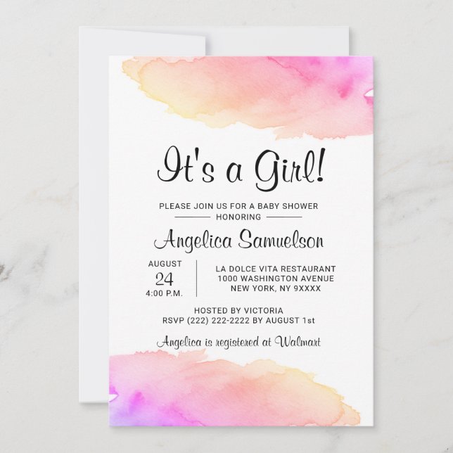 Invitación Acuarela Moderna ¡Es Un CHICA!Baby Shower rosado (Anverso)