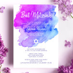 Invitación Acuarela moderna Estrella azul púrpura MITZVAH<br><div class="desc">Hermosas tarjetas de invitación religiosas judías Bat Mitzvah. acuarela clara color púrpura pastel, violeta, azul, turquesa con estrella de David en blanco. Letras de escritura modernas. 'Es llamado al TORAH como un Bar Mitzvah'. Perfecto para una hija de 12 años, chica. Fácil de editar - sólo tiene que añadir su...</div>