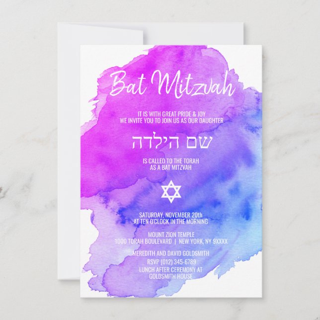 Invitación Acuarela Moderna Estrella Azul Púrpura MITZVAH Inv (Anverso)