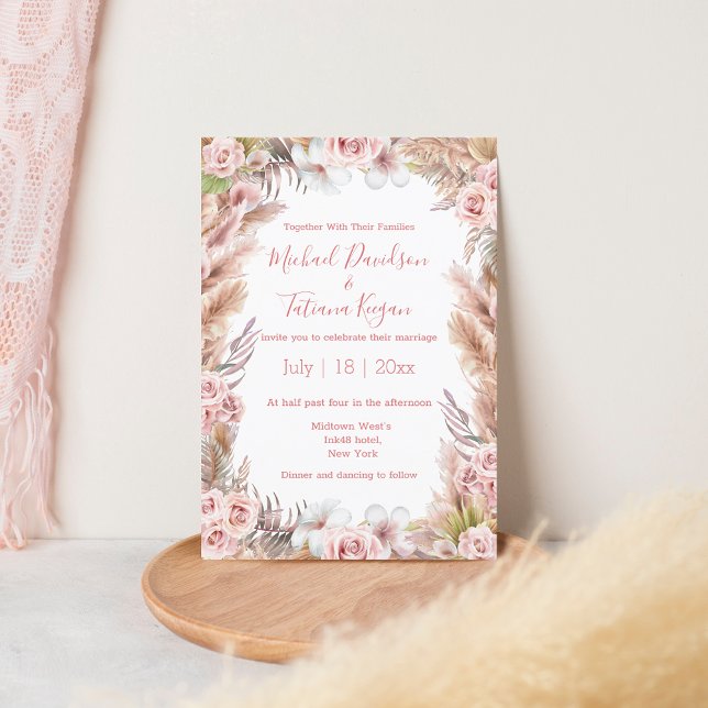 Invitación acuarela moderna floral boho pampas césped boda (Subido por el creador)