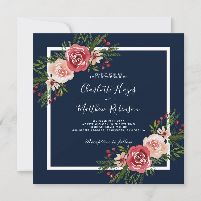 Invitación Acuarela moderna Flores Blue Winter Wedding (Anverso)