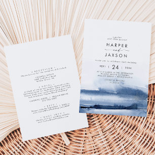 Invitación Acuarela moderna   Frente azul y Boda posterior
