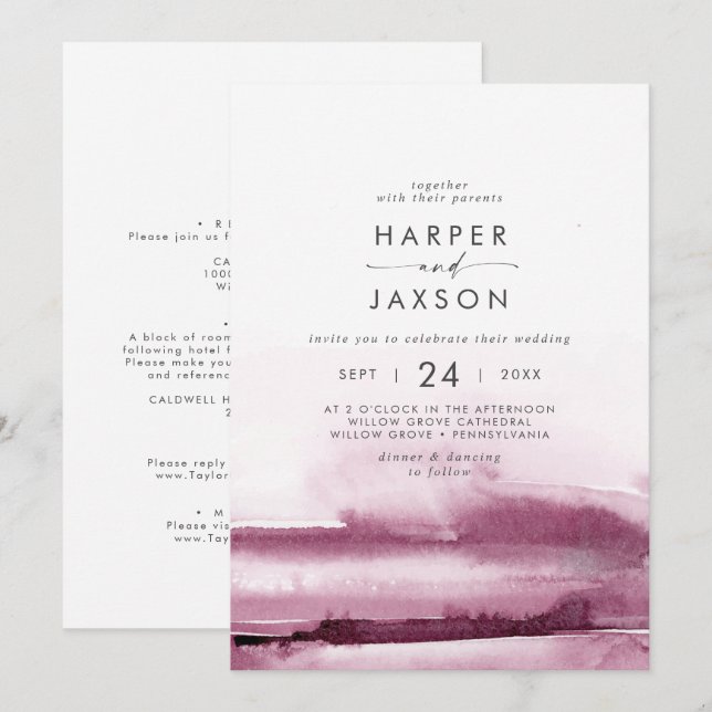 Invitación Acuarela moderna | Frente rojo y Boda posterior (Anverso / Reverso)