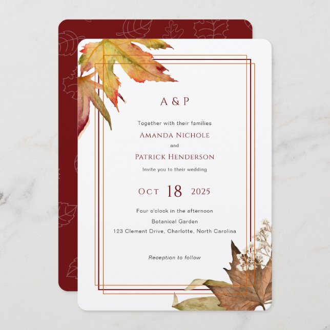 Invitación Acuarela moderna Hojas de otoño, boda en el jardín (Anverso / Reverso)