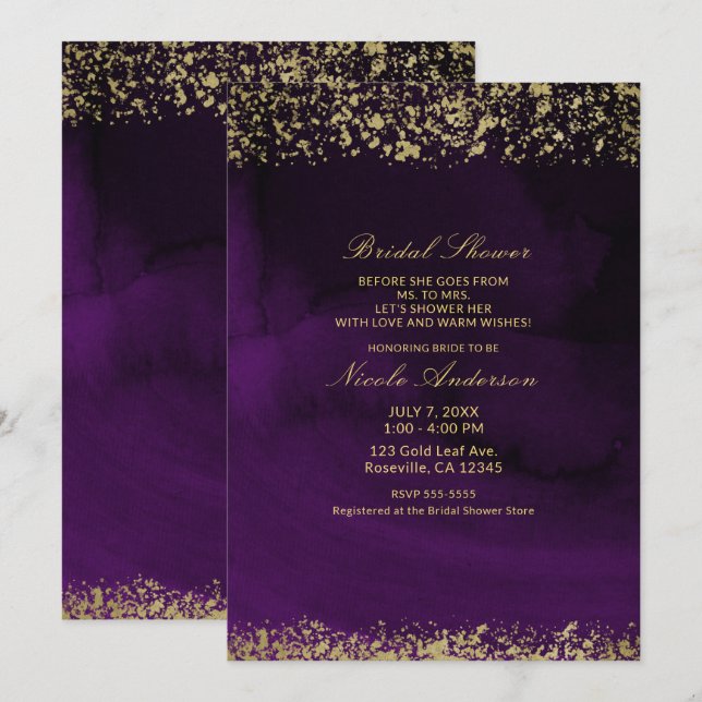 Invitación Acuarela moderna Moody Purple Gold Bridal Shower (Anverso / Reverso)