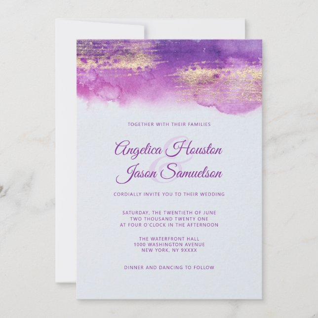 Invitación Acuarela moderna Morado Mauve Lilac Boda (Anverso)