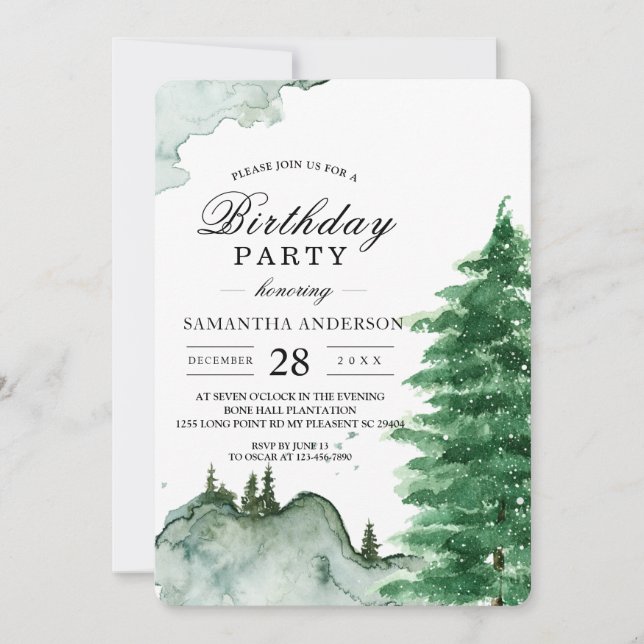 Invitación Acuarela moderna Naturaleza invernal Árboles verde (Anverso)