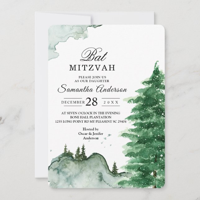Invitación Acuarela moderna Naturaleza invernal Árboles verde (Anverso)