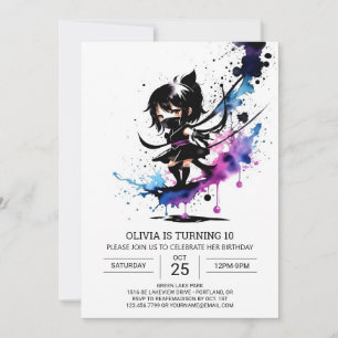 Invitación Acuarela moderna Ninja Chica Cumpleaños