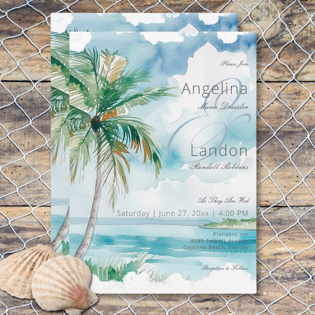 Invitación Acuarela moderna Palms y Boda de la escena de play (Watercolor Modern Palms & Beach Scene Wedding Invitation)