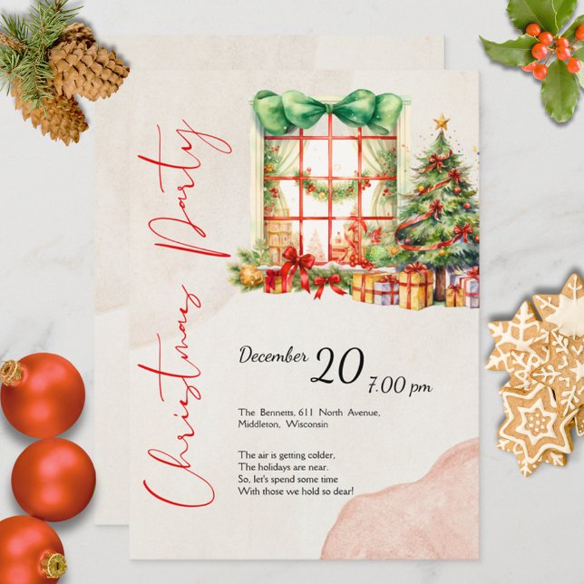 Invitación Acuarela moderna roja verde fiesta de Navidad lind (Subido por el creador)