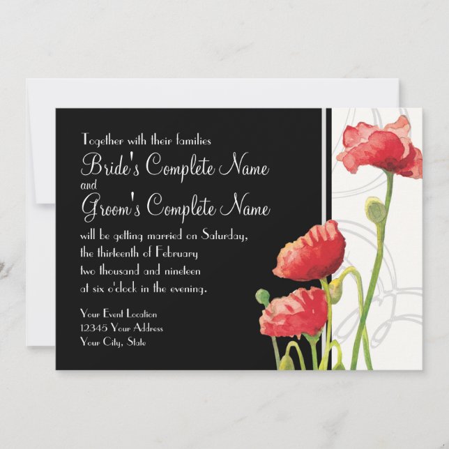 Invitación Acuarela moderna Rojo Poppy Poppies Swirls Negro (Anverso)