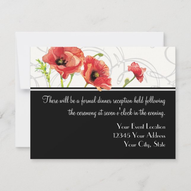 Invitación Acuarela moderna Rojo Poppy Poppies Swirls Negro (Anverso)