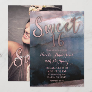 Invitación Acuarela moderna rosa dorado y azul dulce foto de 