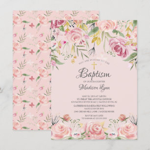 Invitación Acuarela moderna Rubor Bautismo Floral Rosa