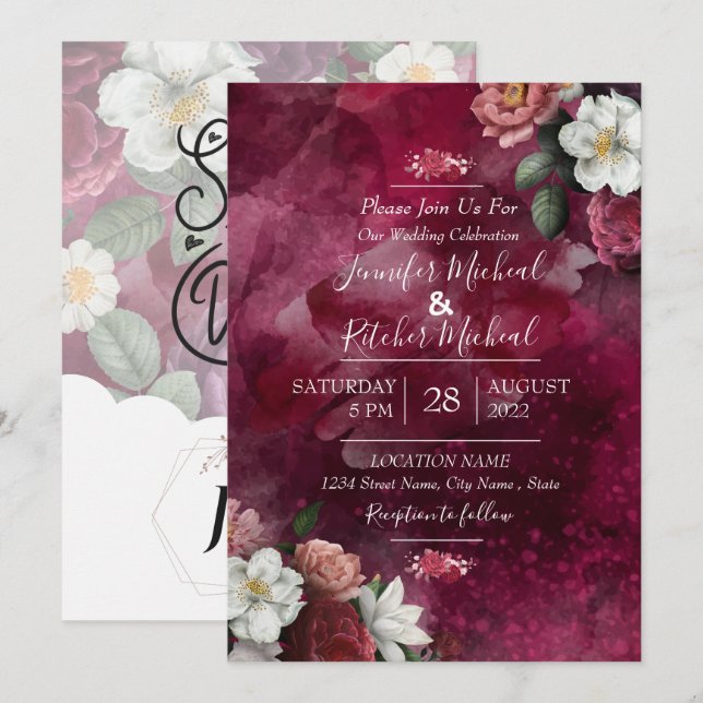 Invitación Acuarela moderna Ruby rojo Borgoña tema floral  (Anverso / Reverso)