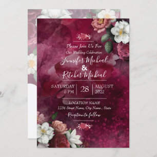 Invitación Acuarela moderna Ruby rojo Borgoña tema floral 