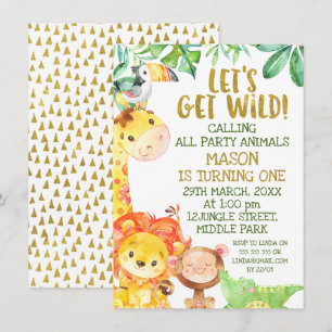 Invitación Acuarela moderna Safari de oro Animales Cumpleaños