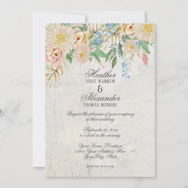 Invitación Acuarela Moderna Sencilla Chinoiserie Mármol Flora (Anverso)