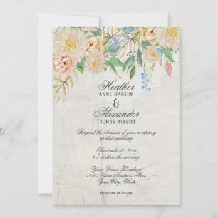 Invitación Acuarela Moderna Sencilla Chinoiserie Mármol Flora