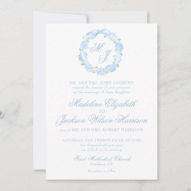 Invitación Acuarela Monograma Hidrangea Azul Boda de guirnald (Anverso)