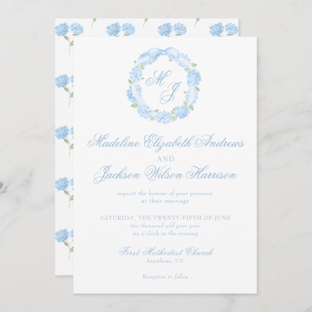 Invitación Acuarela Monograma Hidrangea Azul Boda de guirnald (Anverso / Reverso)