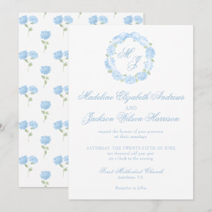Invitación Acuarela Monograma Hidrangea Azul Boda de guirnald