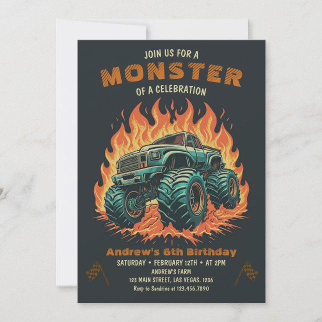Invitación Acuarela Monster Camión Niño Cumpleaños (Anverso)