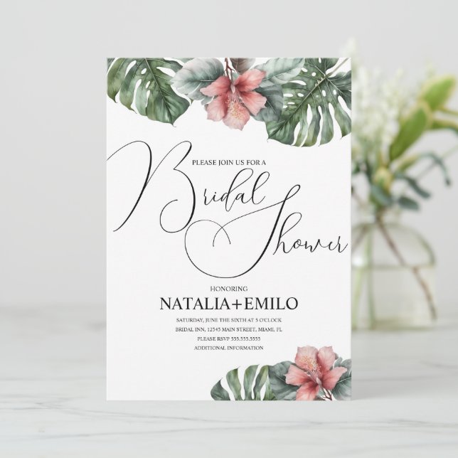 Invitación Acuarela Monstera Branch Greenery Bridal Shower (Anverso de pie)