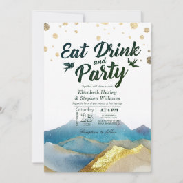 Invitación Acuarela Montaña Dorada Comer Beber & Fiesta Boda
