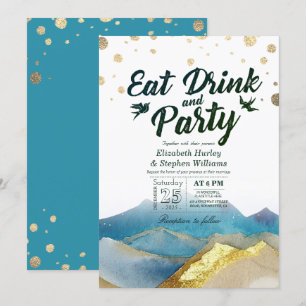 Invitación Acuarela Montaña Dorada COMER Beber & Fiesta Boda